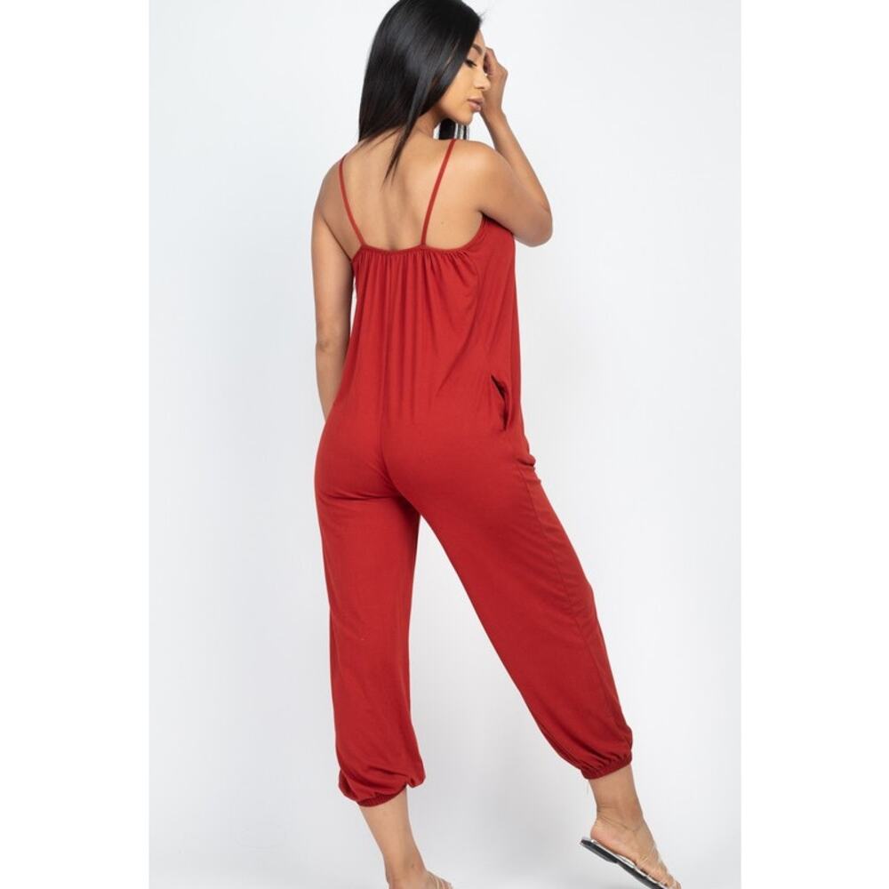 Spaghetti strap solid jumpsuit (Rust)-Medium - Picture 2 of 2
